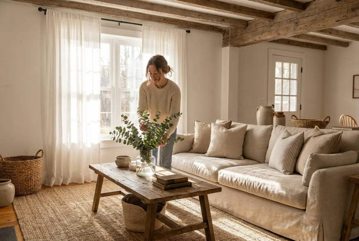 Person styling farmhouse living room decor with natural textures and warm sunlight