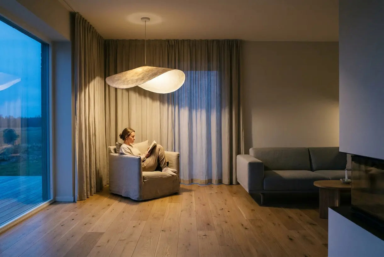 Scandinavische woonkamer met minimalistische hanglampen voor een warme sfeer