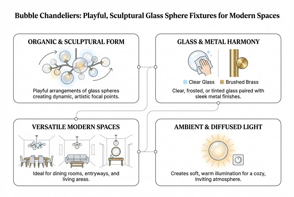 Bubble-kroonluchters: speelse, sculpturale armaturen van glazen bollen voor moderne ruimtes - infographic