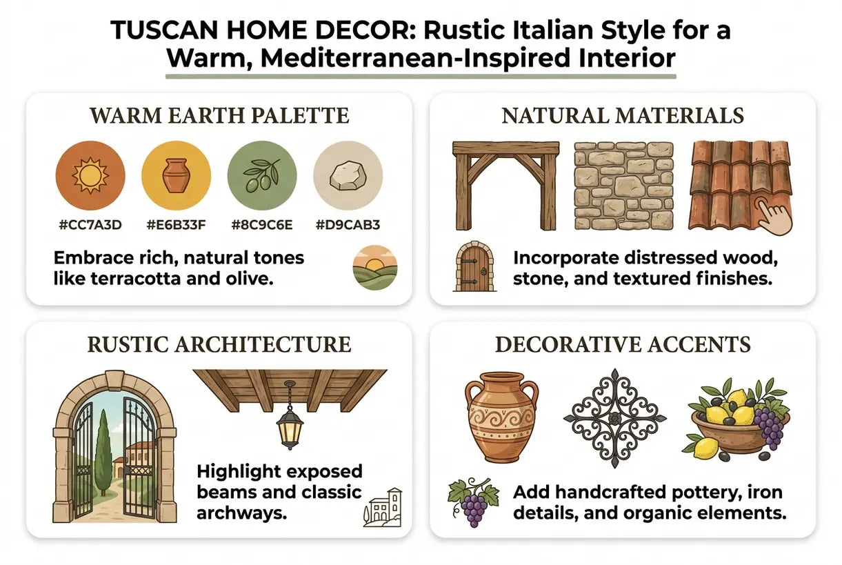 Tuscan Home Decor: Rustic Italian Style for a Warm, Mediterranean-Inspired Interior - infographic