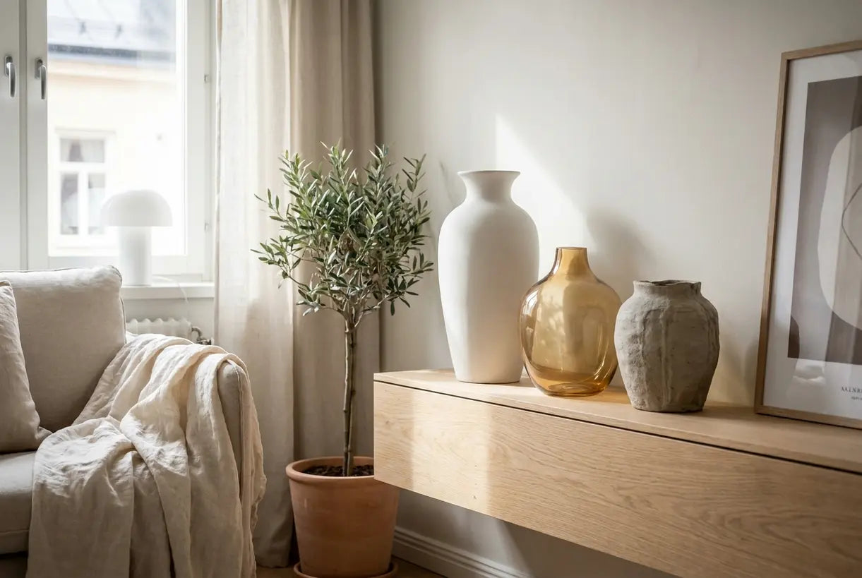 Three Nordic vases styled on minimalist shelf in sunlit Scandinavian living room interior