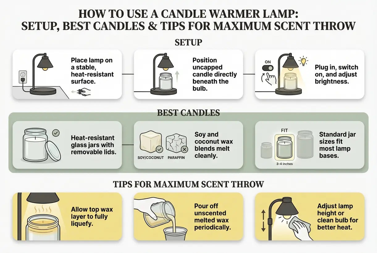 Hoe gebruik je een kaarsverwarmerlamp: Instellen, Beste Kaarsen & Tips voor Maximale Geurverspreiding - infographic