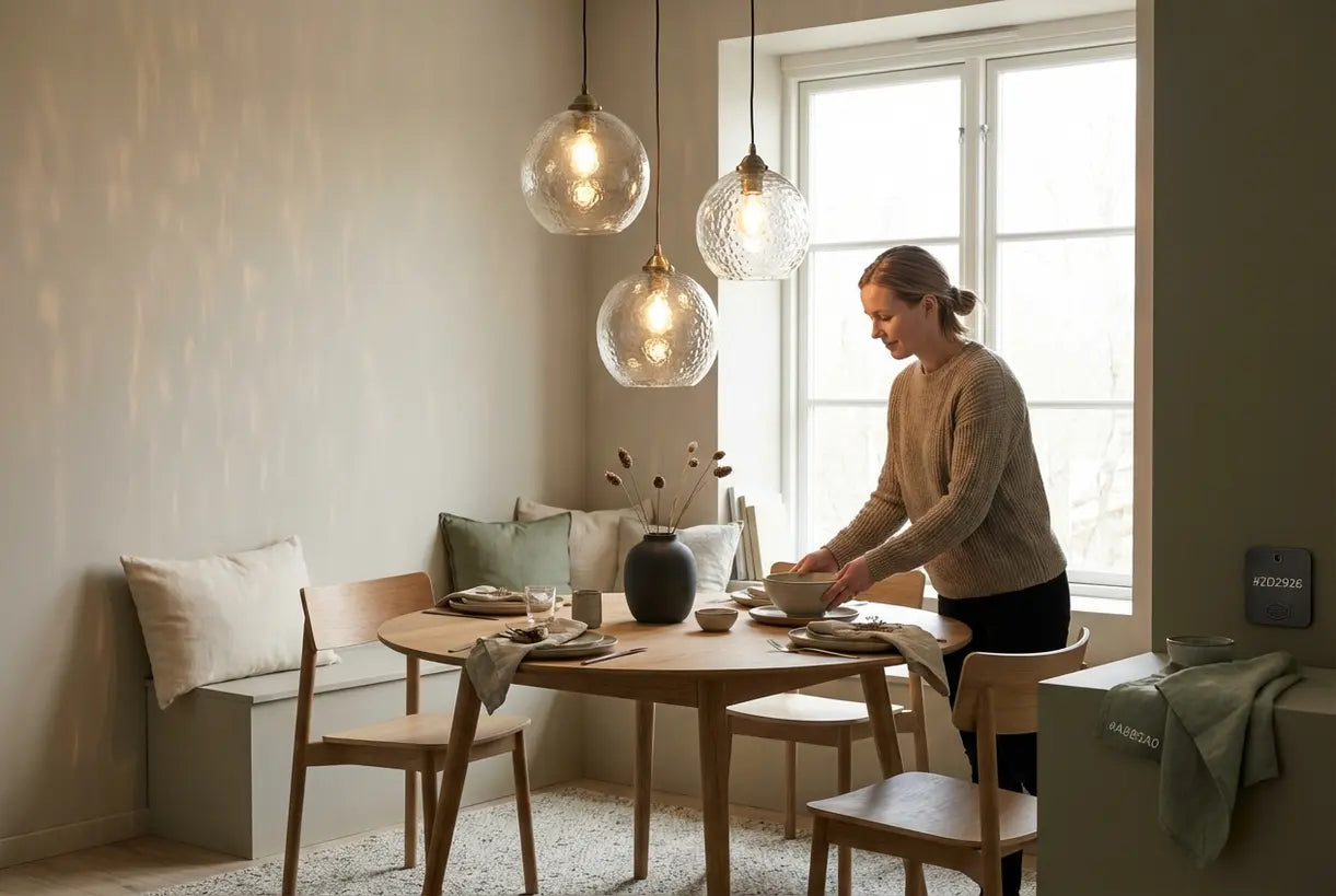 Scandinavische eetkamer met gehamerde glazen hanglampen die een organische, ambachtelijke sfeer creëren