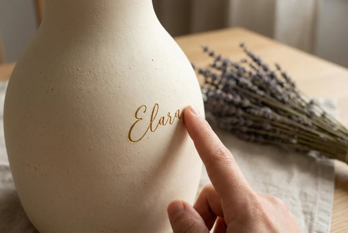 Nahaufnahme von Fingern, die einen eingravierten Namen auf einer personalisierten Keramik-Blumenvase nachzeichnen