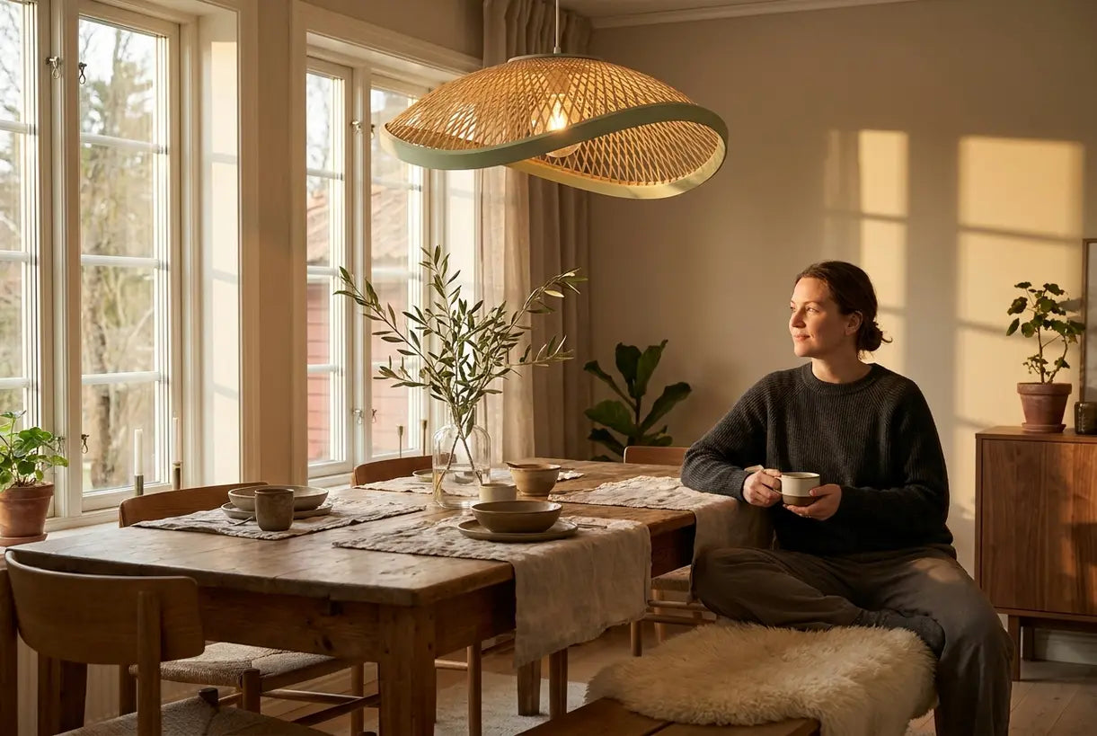 Scandinavian dining room with pendant lighting over wooden table creating warm hygge atmosphere