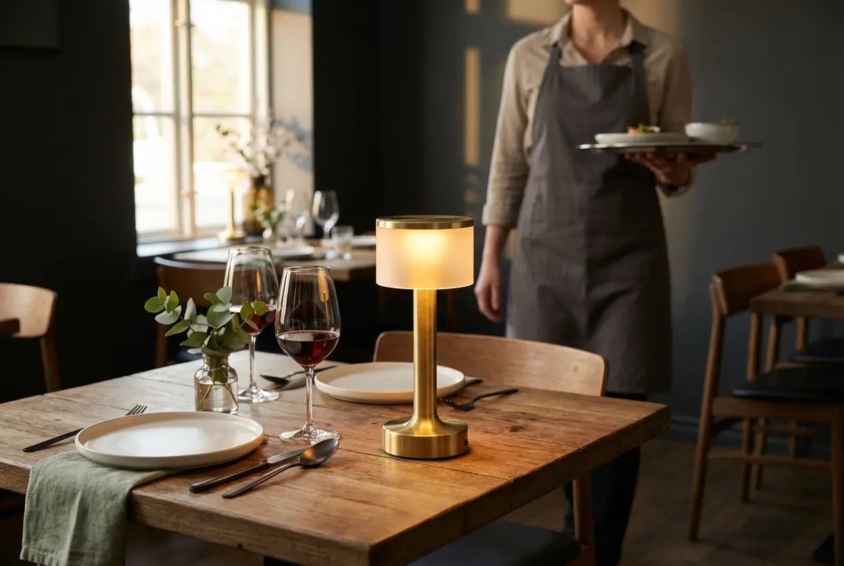 Elegante restaurant eettafel met draadloze LED-lamp creëert warme sfeer