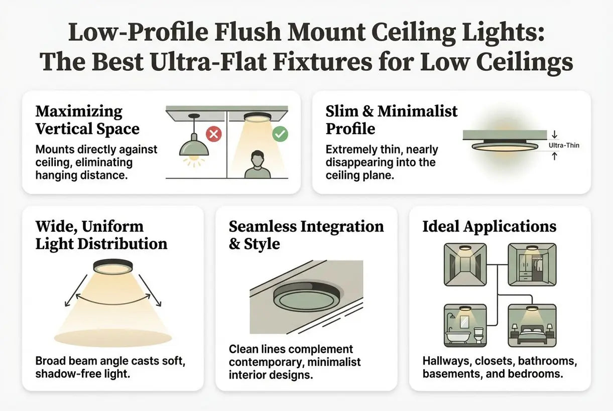 Lage plafondlampen voor vlakke montage: de beste ultraplatte armaturen voor lage plafonds - infographic