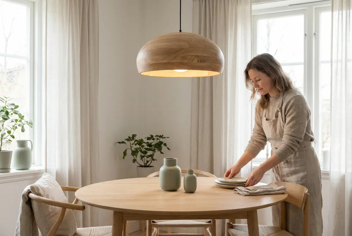 Scandinavian dining room with natural wood pendant light above oak dining table