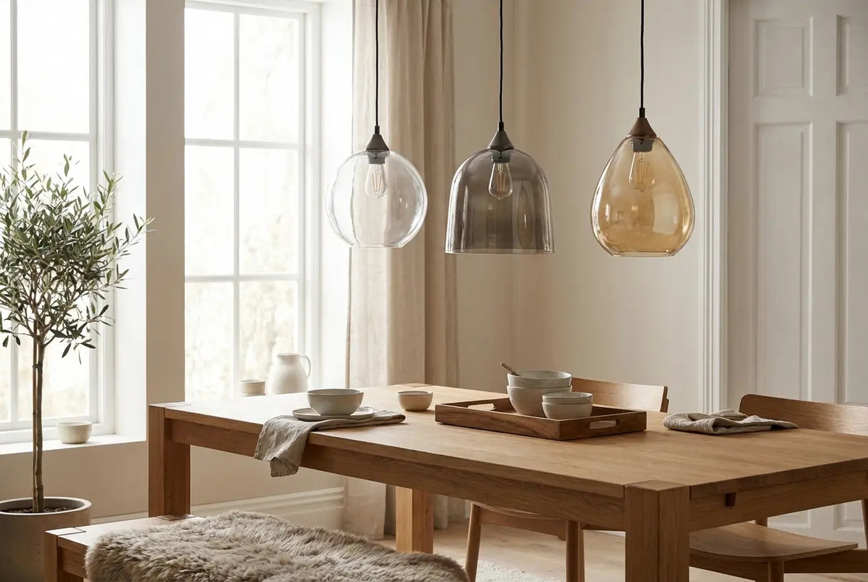 Scandinavische eetkamer met drie glazen hanglampen op verschillende hoogtes
