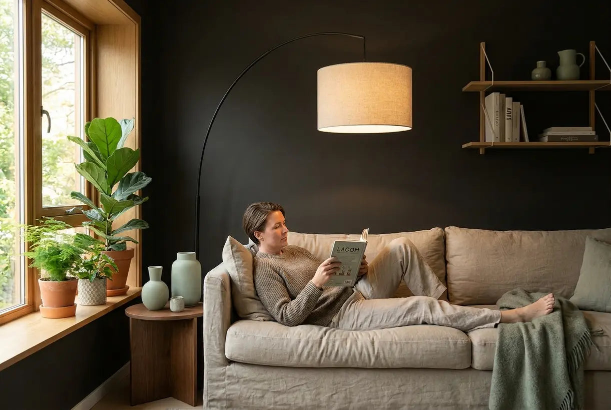 Cozy Scandinavian living room with plug-in floor lamp creating warm ambient lighting for reading