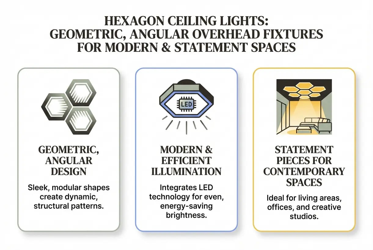 Zeshoekige plafondlampen: Geometrische, hoekige plafondarmaturen voor moderne & statement ruimtes - infographic