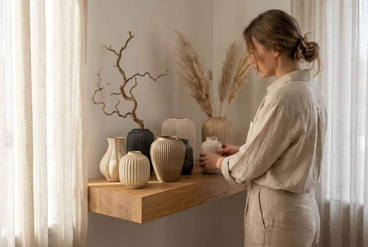 Geribde keramische vazen gestyled in een Scandinavisch interieur met natuurlijk licht en droogbloemen
