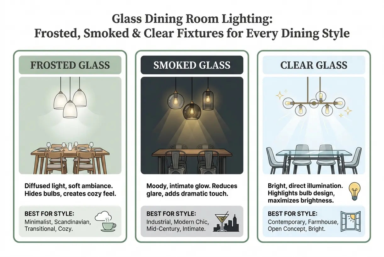 Glazen Eetkamerverlichting: Matte, Gerookte & Heldere Armaturen voor Elke Eetstijl - infographic