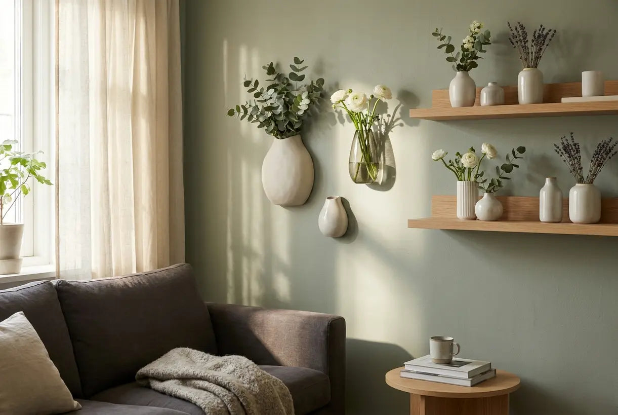 Skandinavische Galeriewand mit dekorativen Wandblumen-Vasen und botanischen Arrangements