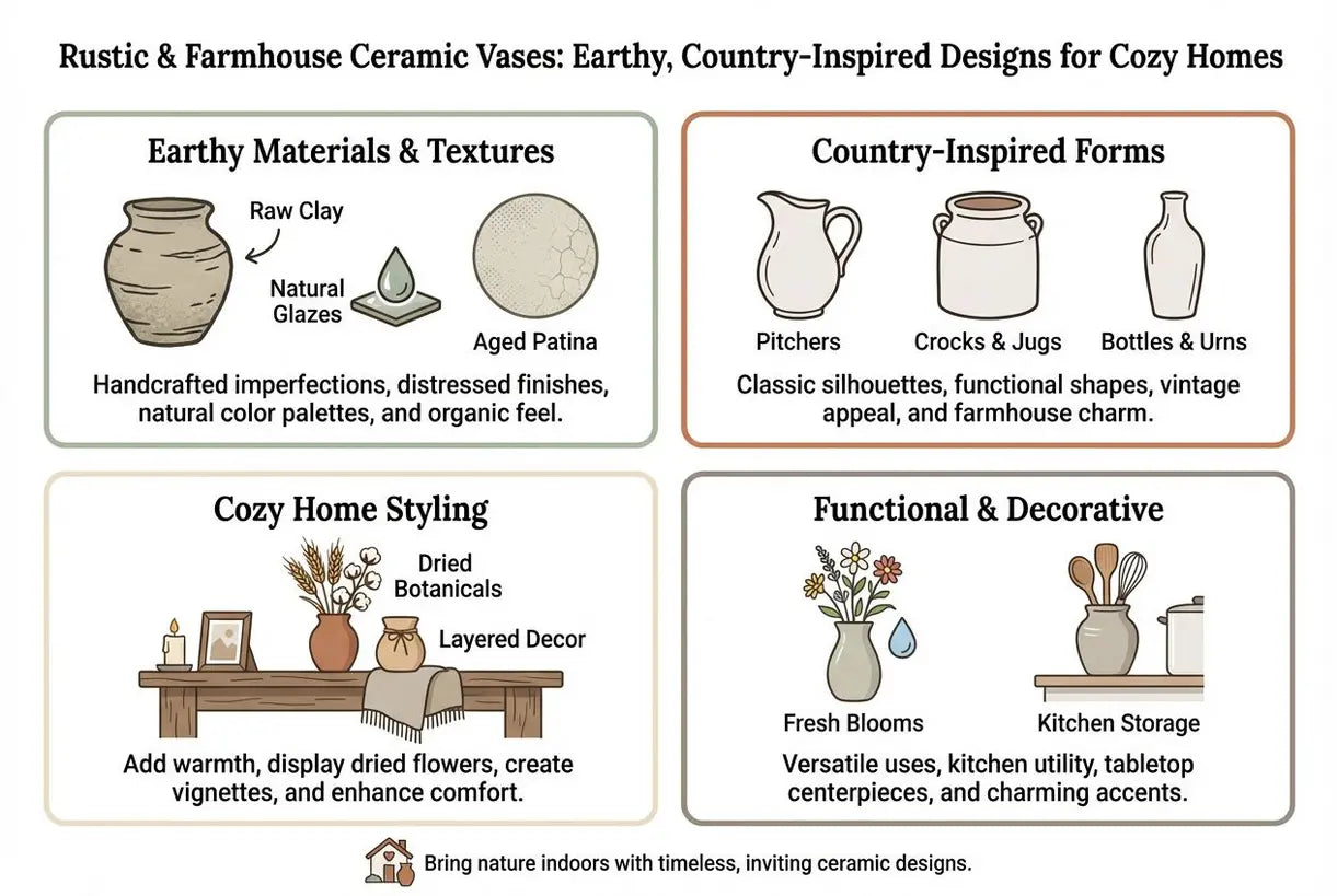 Rustieke en landelijke keramische vazen: aardse, landelijke ontwerpen voor een knus huis - infographic