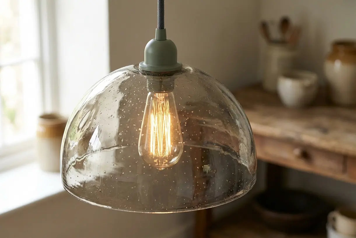 Mondgeblazen glazen dome hanglampenkap met organische textuur en warme sfeervolle gloed