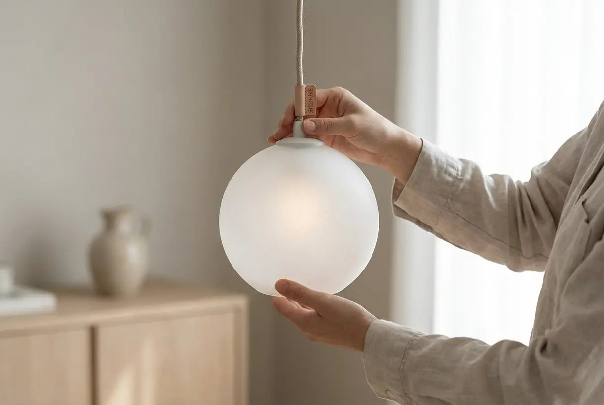 Hands adjusting white glass globe pendant light in minimal Scandinavian kitchen