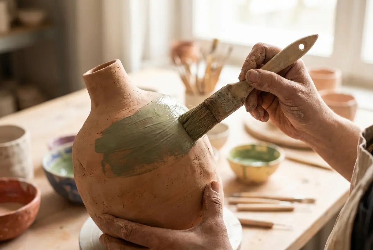Handen van een ambachtsman maken een keramische lampvoet voor een tafellamp, met natuurlijk glazuur dat de organische textuur laat zien