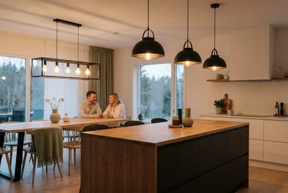 Open-plan kitchen dining room with coordinated pendant lights and chandelier for cohesive lighting design