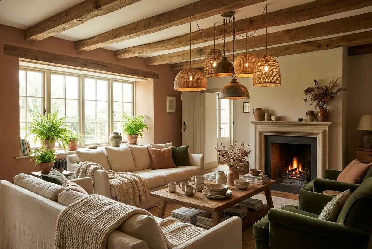 Cozy farmhouse living room with layered pendant lighting and natural materials