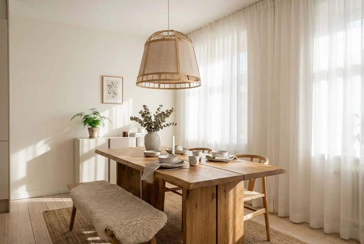 Scandinavische eetkamer met een opvallende decoratieve plafondlamp en warme sfeerverlichting