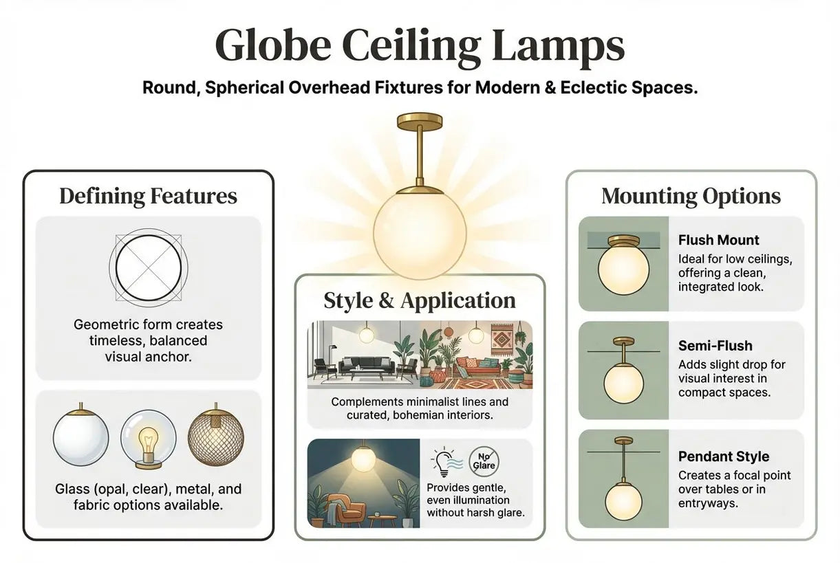 Bolvormige plafondlampen: Ronde, sferische plafondarmaturen voor moderne en eclectische ruimtes - infographic