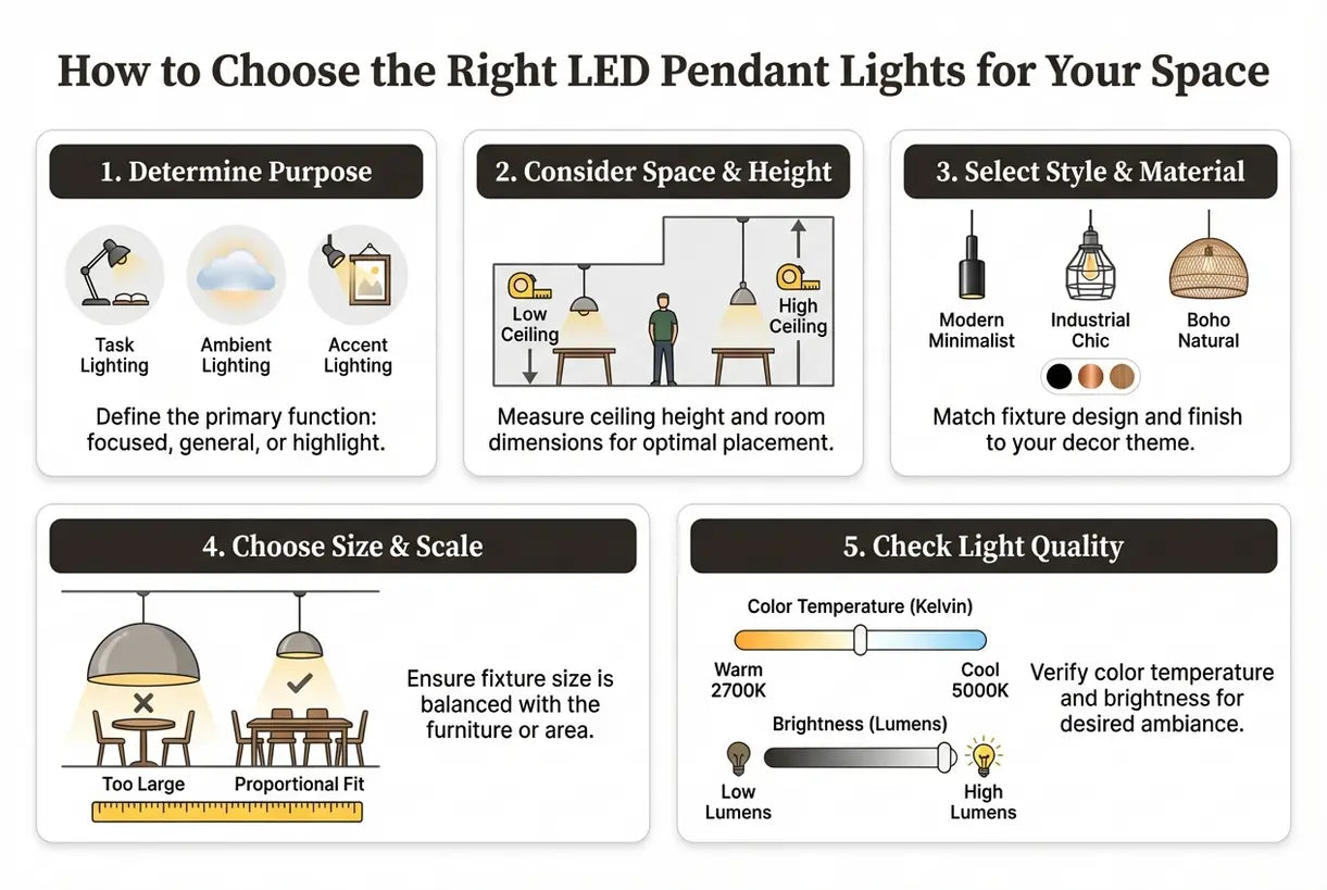 How to Choose the Right LED Pendant Lights for Your Space - infographic