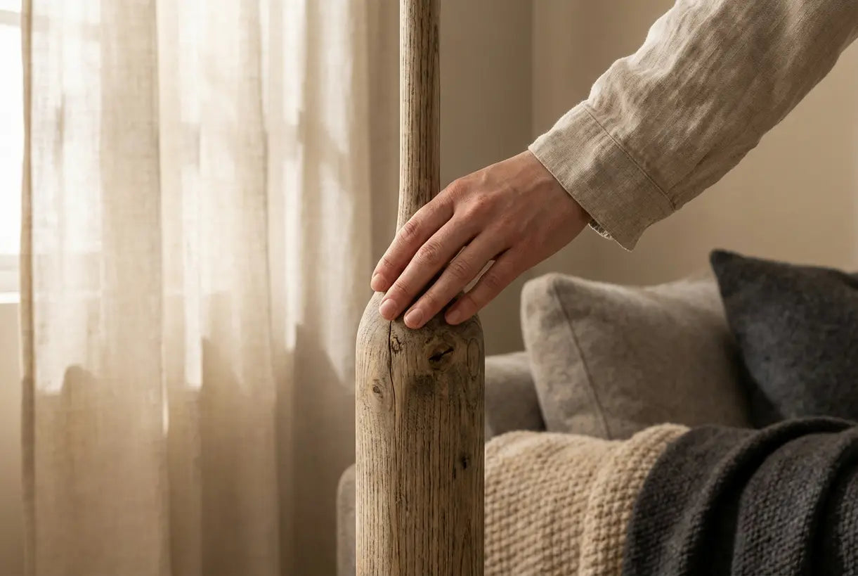Hand die natuurlijke houtnerfbasis van Nordische vloerlamp aanraakt, toont Scandinavisch vakmanschap en organische materialen