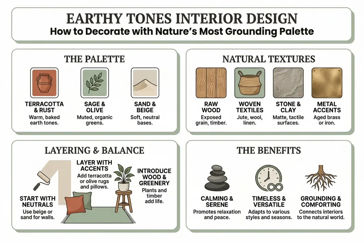Earthy Tones Interior Design: How to Decorate with Nature's Most Grounding Palette - infographic