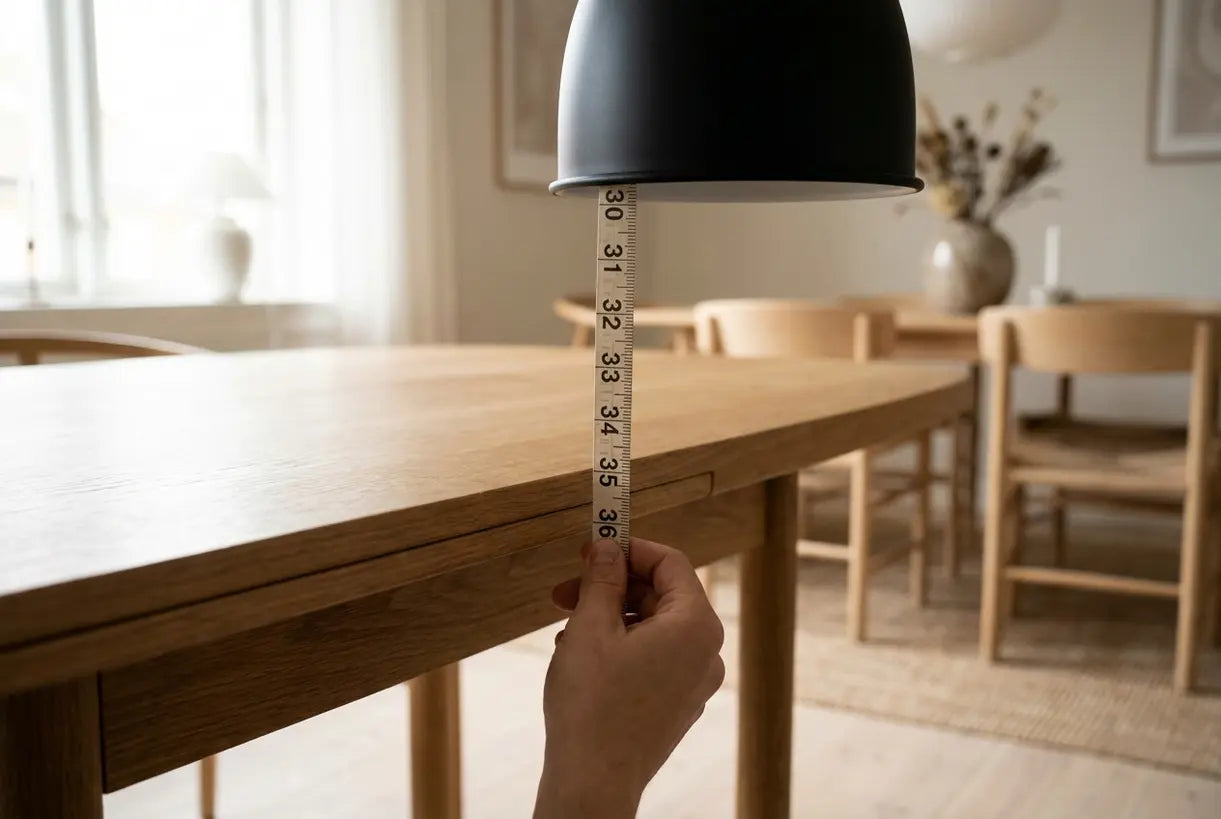 Hands measuring dining room lighting height with tape measure showing ideal 30-36 inch distance from table