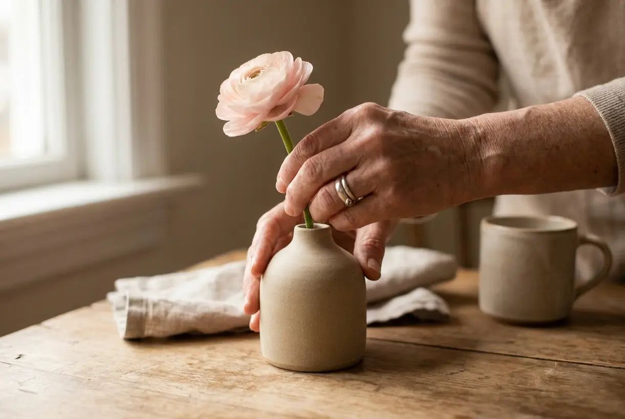 Handen rangschikken ranonkelbloem in kleine keramische knopvaas