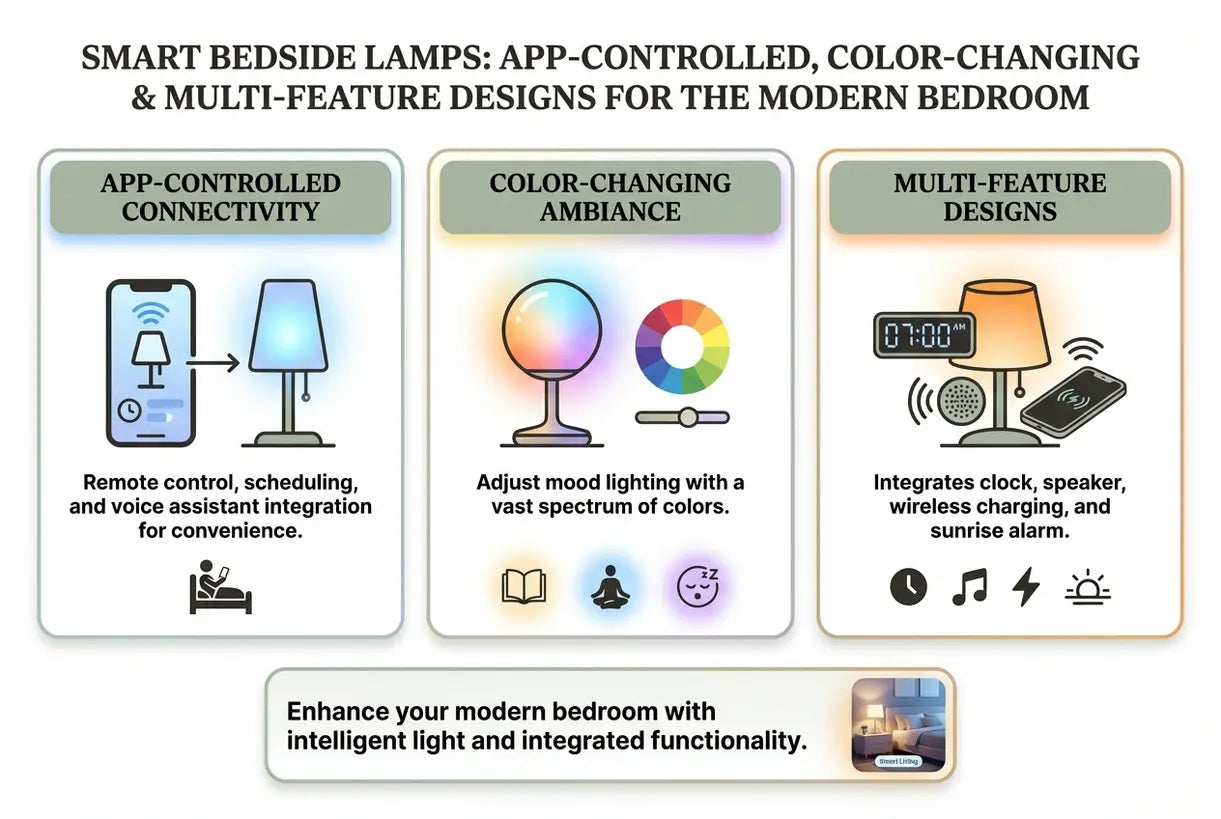 Slimme Nachtlampen: App-bediend, Kleurveranderend & Multifunctioneel Ontwerp voor de Moderne Slaapkamer - infographic