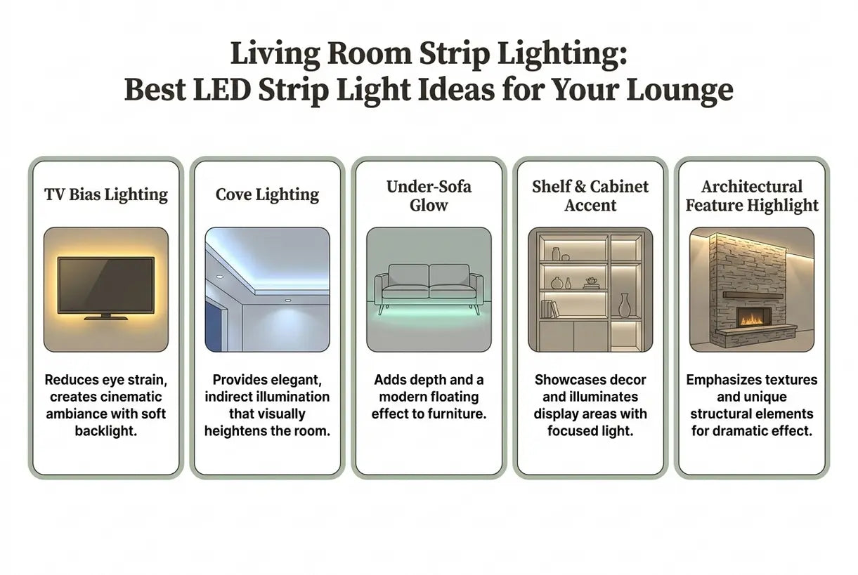 Living Room Strip Lighting: Best LED Strip Light Ideas for Your Lounge - infographic
