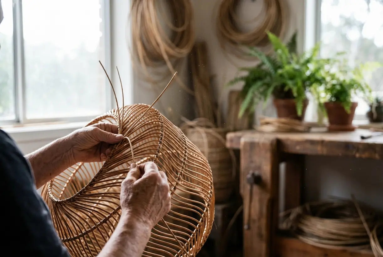 Handwoven rattan pendant light craftsmanship detail showing natural woven texture