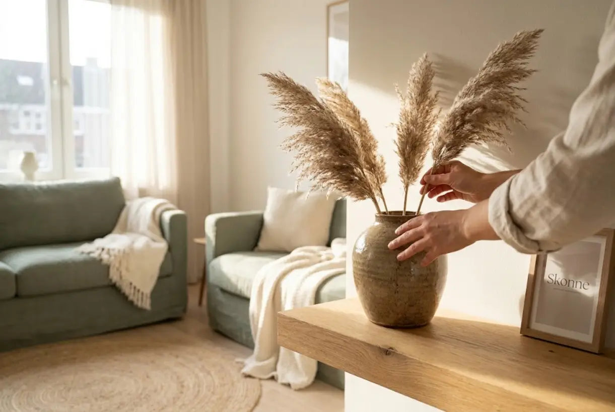 Hands arranging dried pampas grass in handmade ceramic vase for Scandinavian living room decor