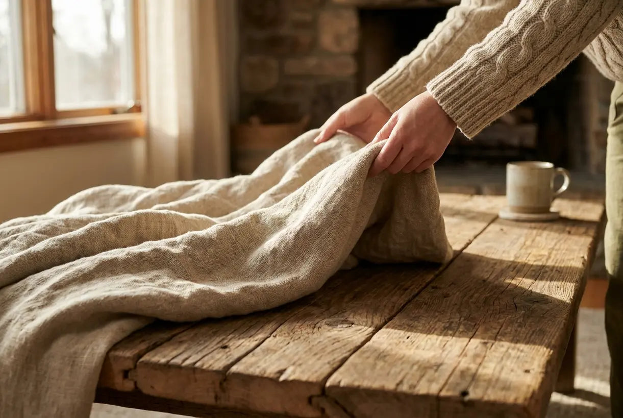 Natural linen throw blanket draped over reclaimed wood coffee table in rustic home decor style