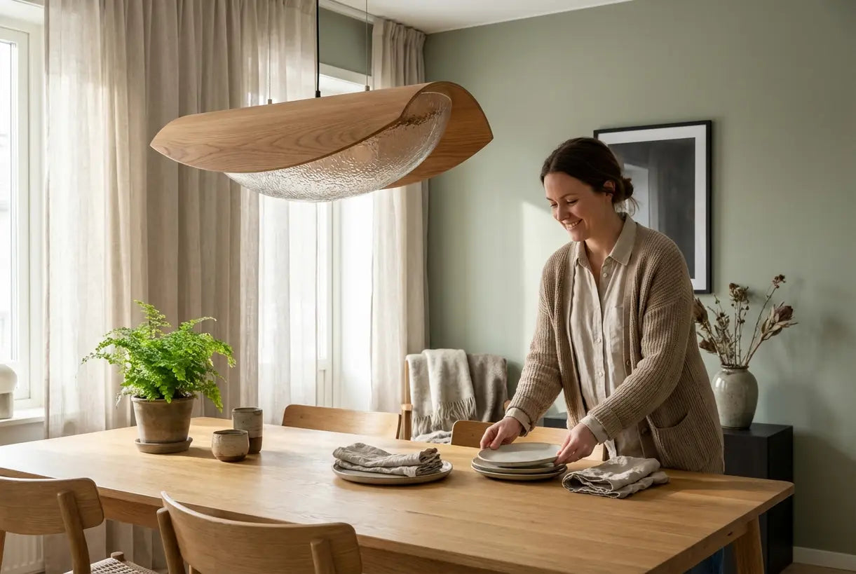 Scandinavische eetkamer met houten en glazen pendellamp boven natuurhouten tafel in organisch interieur