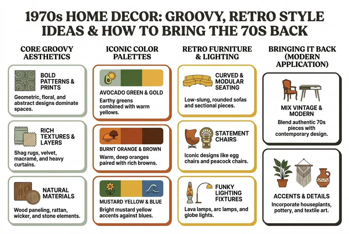 1970s Home Decor: Groovy, Retro Style Ideas & How to Bring the 70s Back - infographic