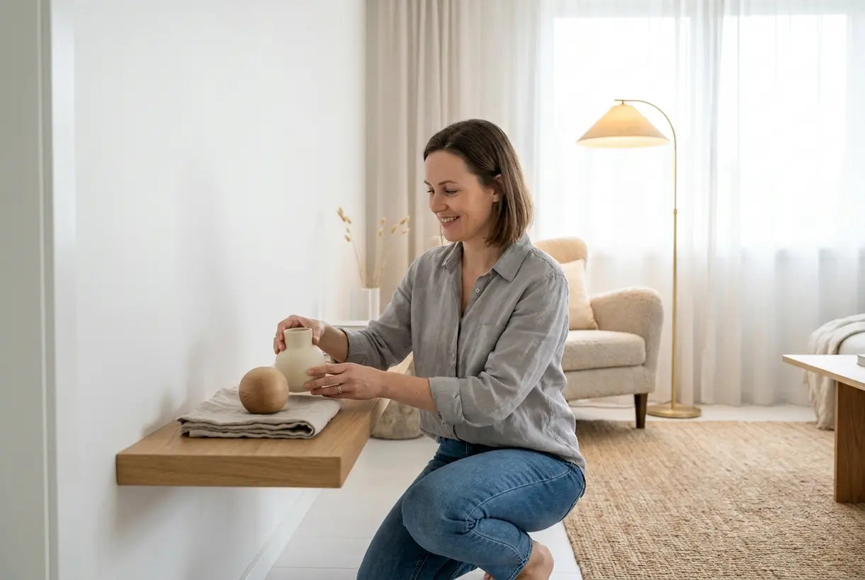 Decluttering and styling a Scandinavian minimalist shelf with curated decorative pieces