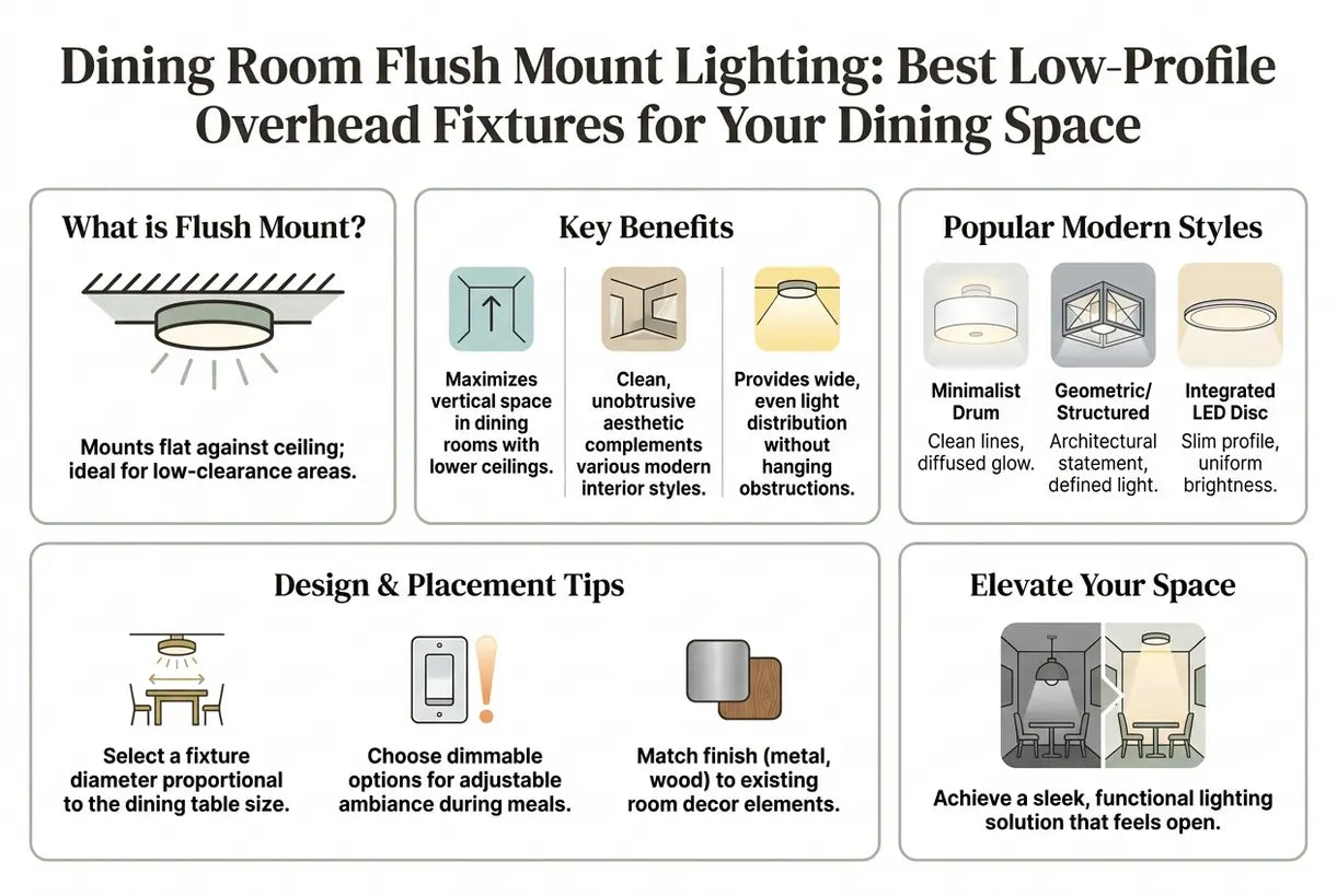 Dining Room Flush Mount Lighting: Best Low-Profile Overhead Fixtures for Your Dining Space - infographic