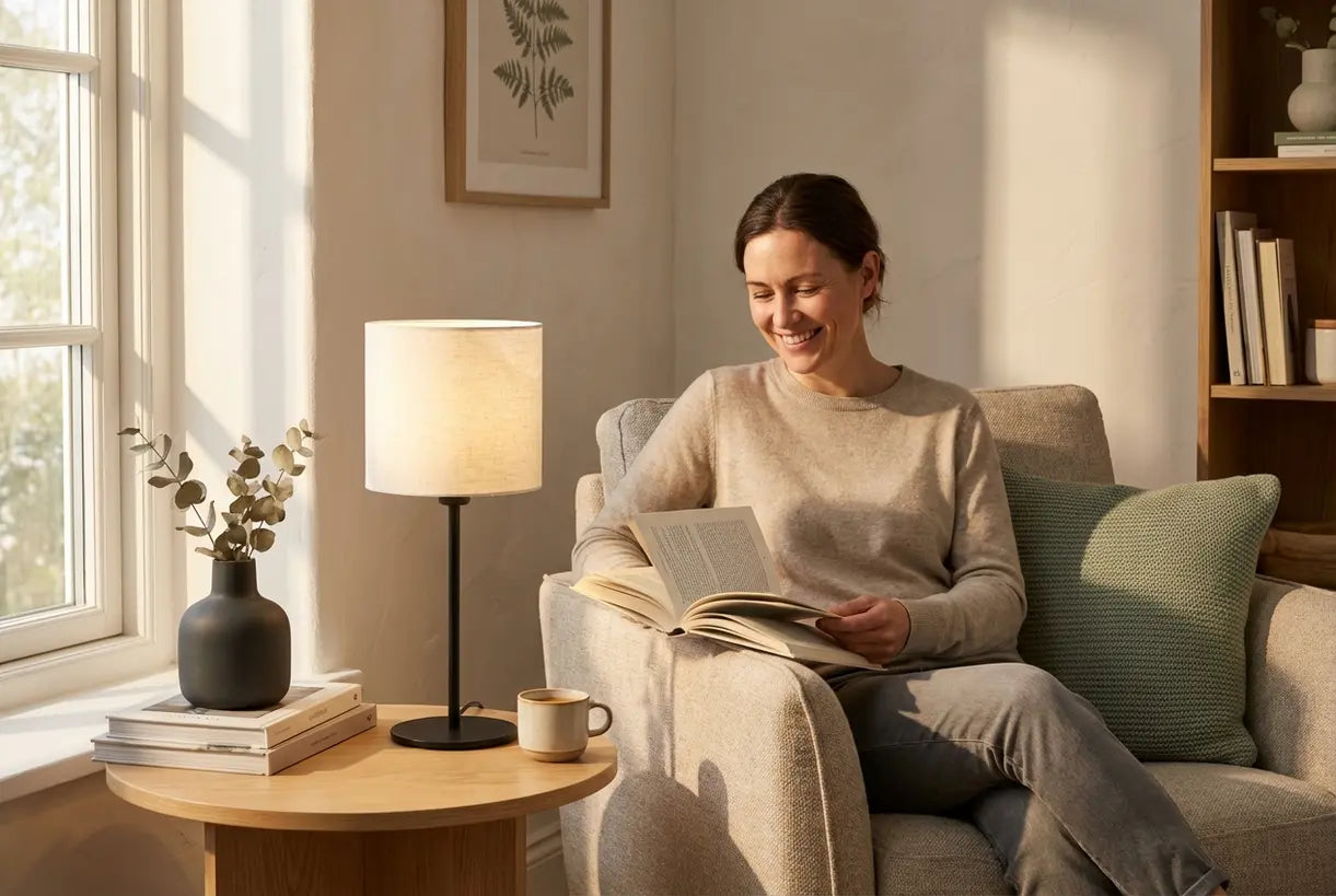 Gezellige Scandinavische woonkamerhoek met leeslamp en ontspannen persoon