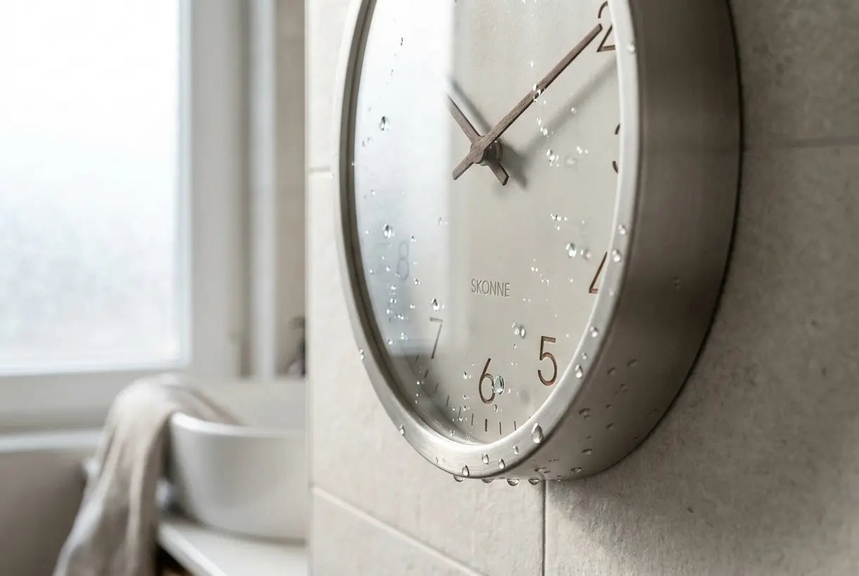 Wasserdichte Badezimmer-Wanduhr mit feuchtigkeitsbeständiger Oberfläche und geräuschlosem Uhrwerk