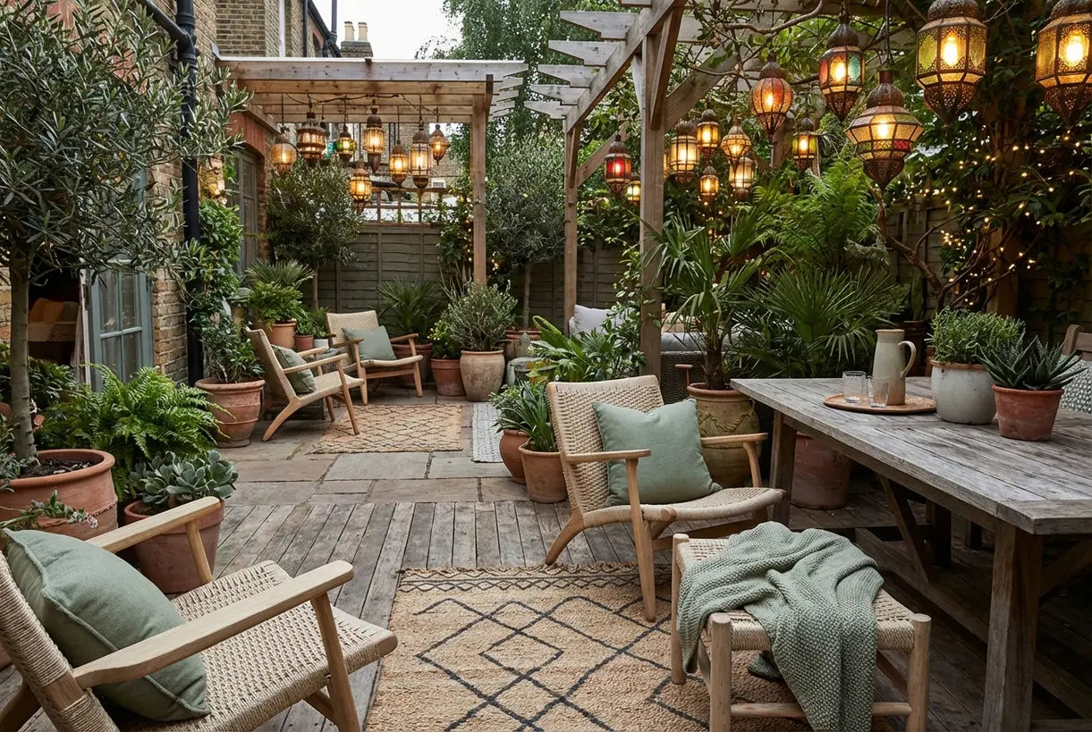 Eclectisch buitenpatio met Marokkaanse lantaarns en Scandinavische meubels die een wereldwijd geïnspireerde sfeer creëren