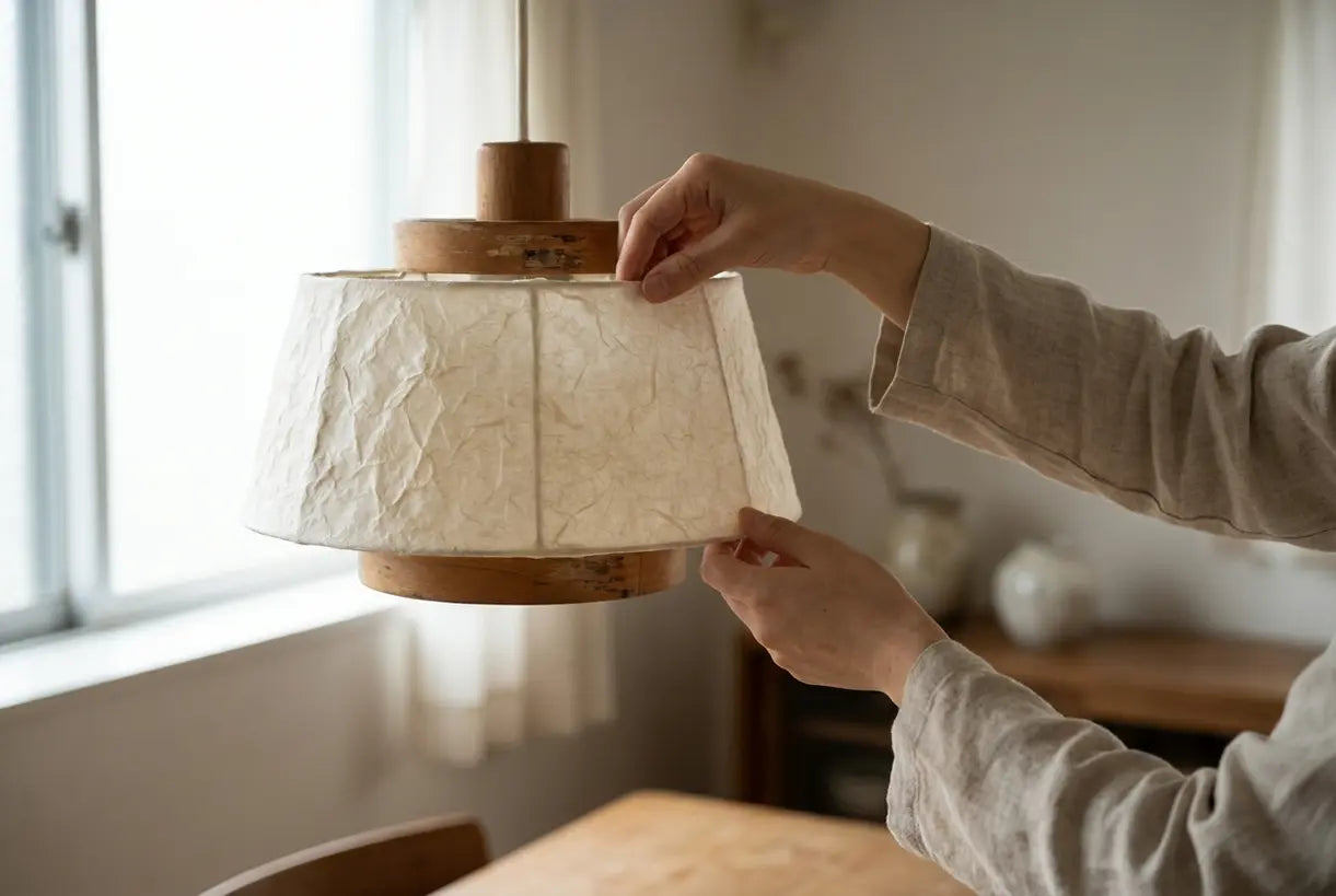 Handen stellen een hanglamp van rijstpapier bij in een interieur in japandi-stijl
