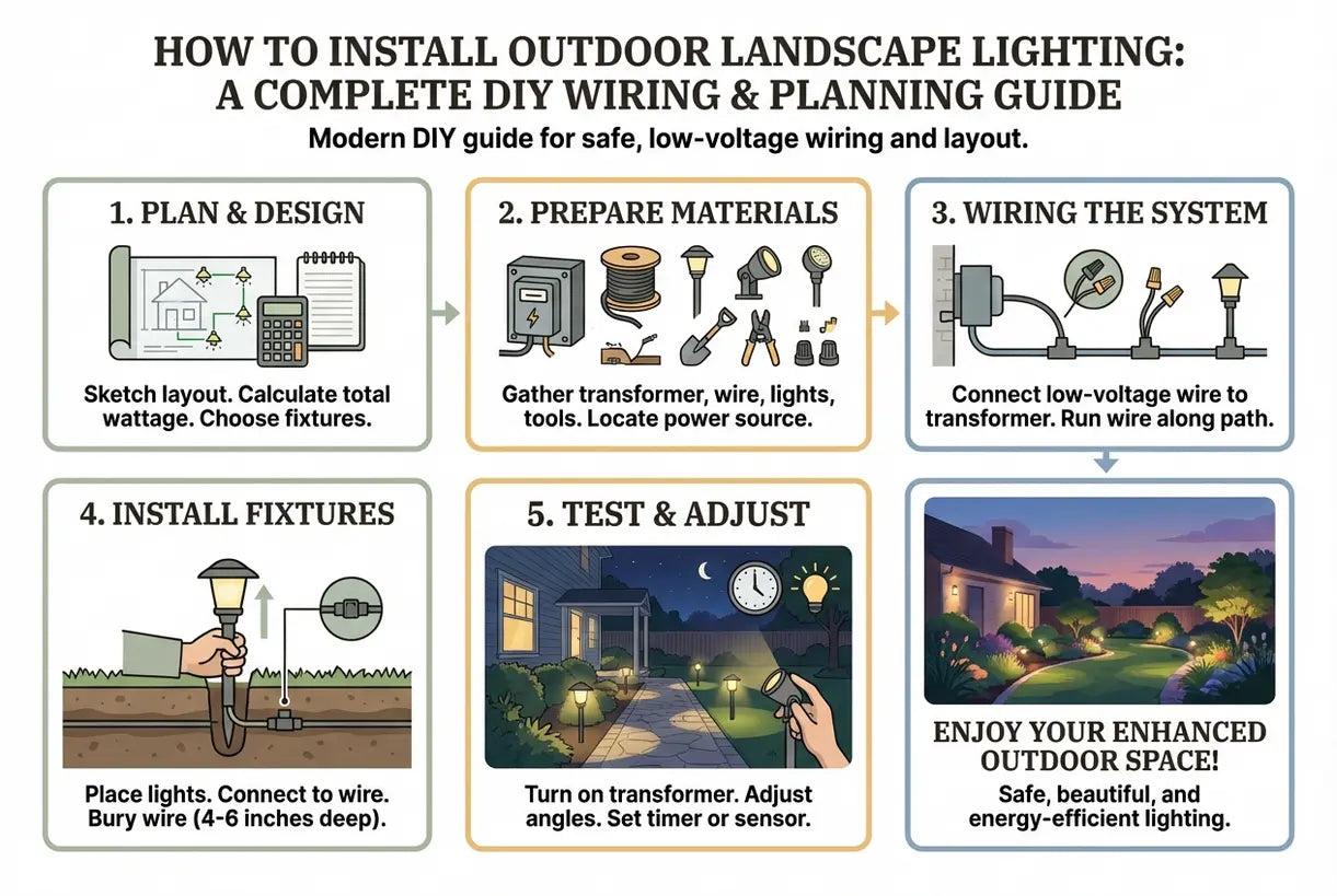 Tuinverlichting installeren: de complete doe-het-zelfgids voor bekabeling en planning - infographic