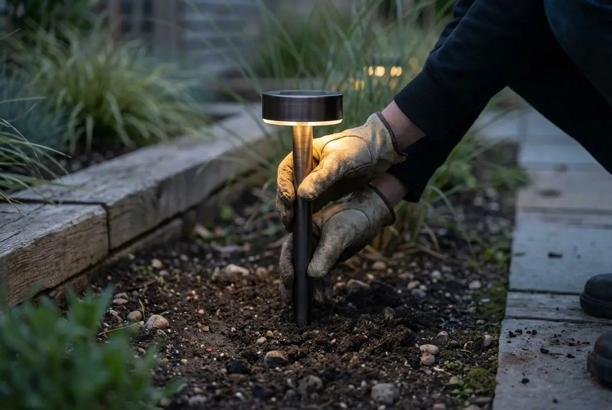 Handen installeren zonne-padverlichting in de tuin in de schemering - installatie van buitenverlichting