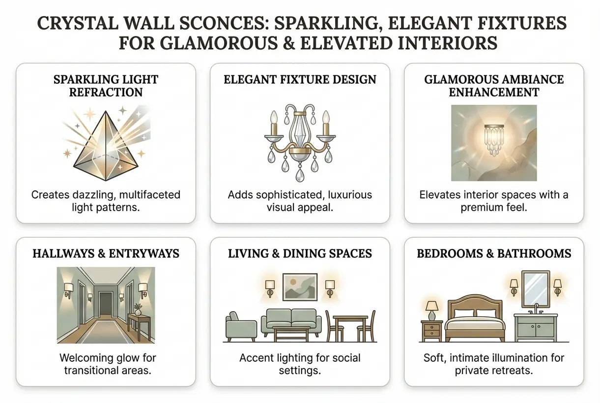 Kristallen wandlampen: Sprankelende, elegante armaturen voor glamoureuze & verfijnde interieurs - infographic