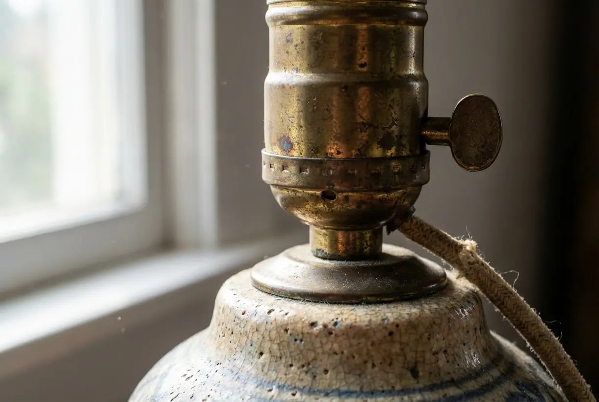 Detailopname van antieke tafellamp met verouderde messing hardware en keramische texturen