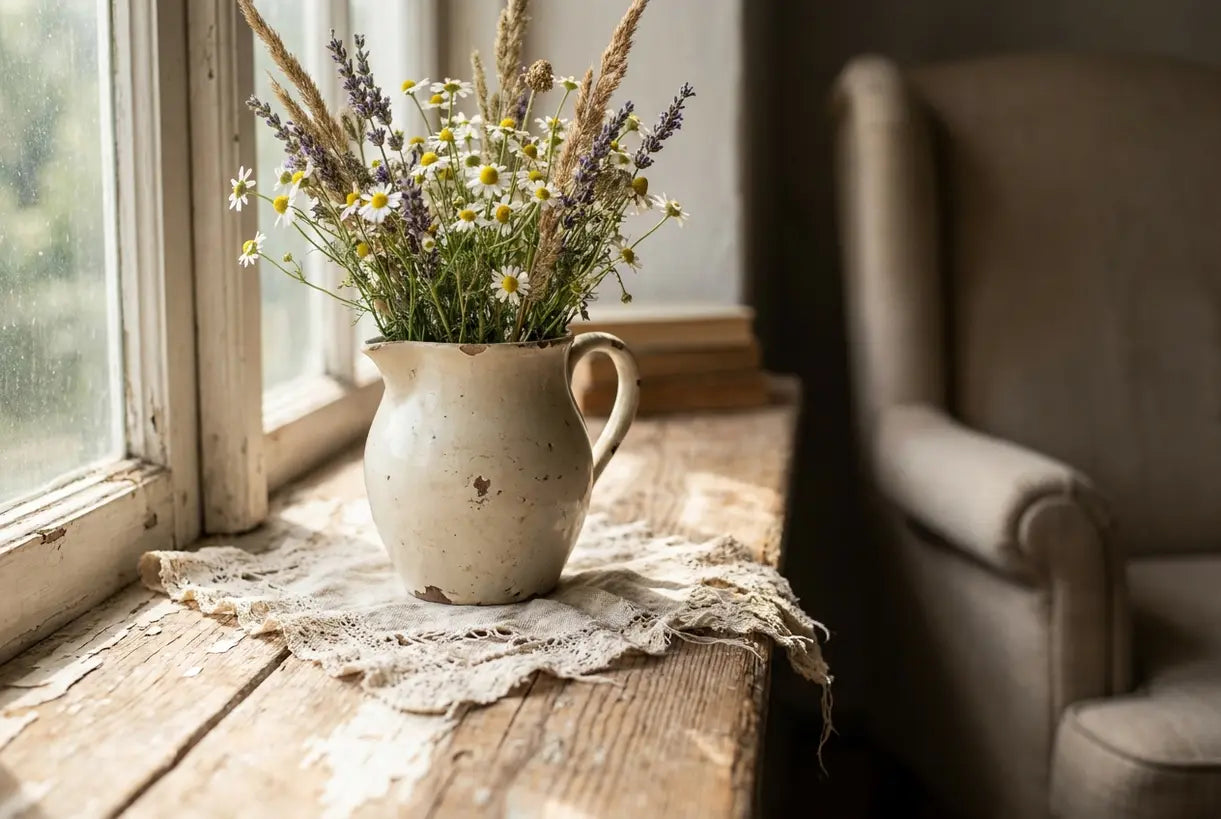 Cottage interior design detail showing rustic wood textures and soft natural fabrics in warm daylight
