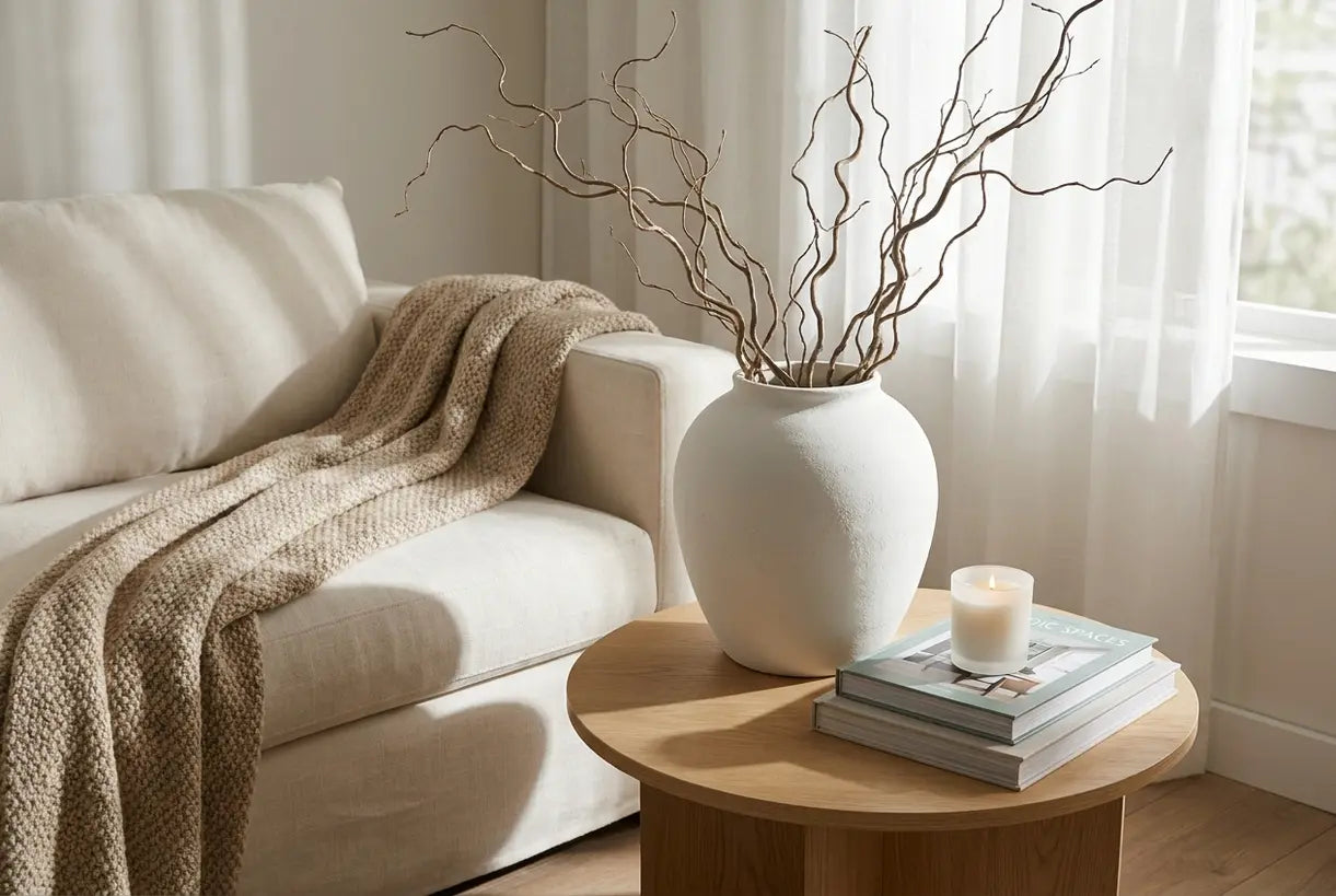 Große weiße Blumenvase im skandinavischen Wohnzimmer mit natürlichem Licht und neutraler Dekoration